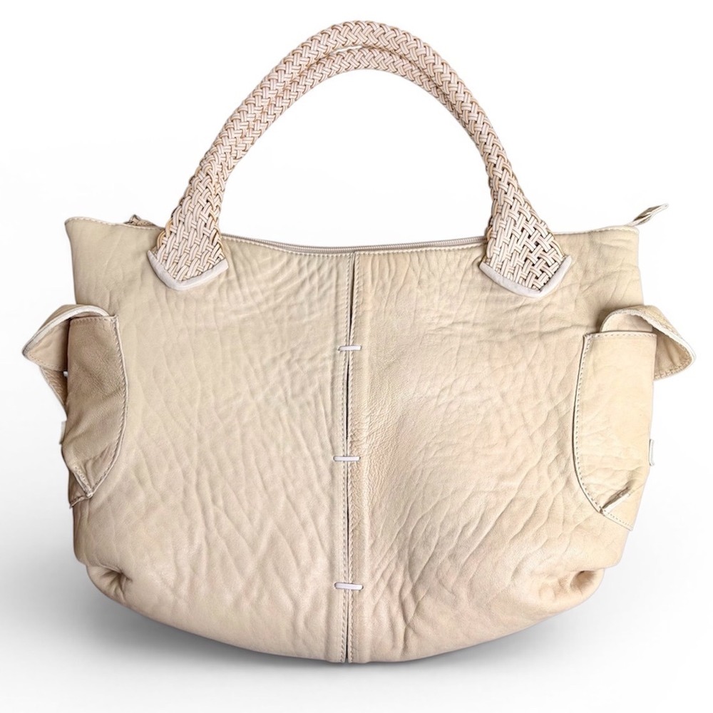Paolo Masi Italy Cream Washed Leather Hobo Tote Woven Handle Bag